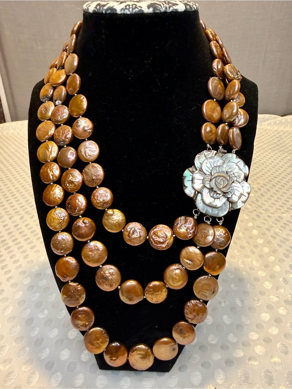 Multi-Strand Copper Pearl Necklace with Floral Mother-of-Pearl Accent Clasp